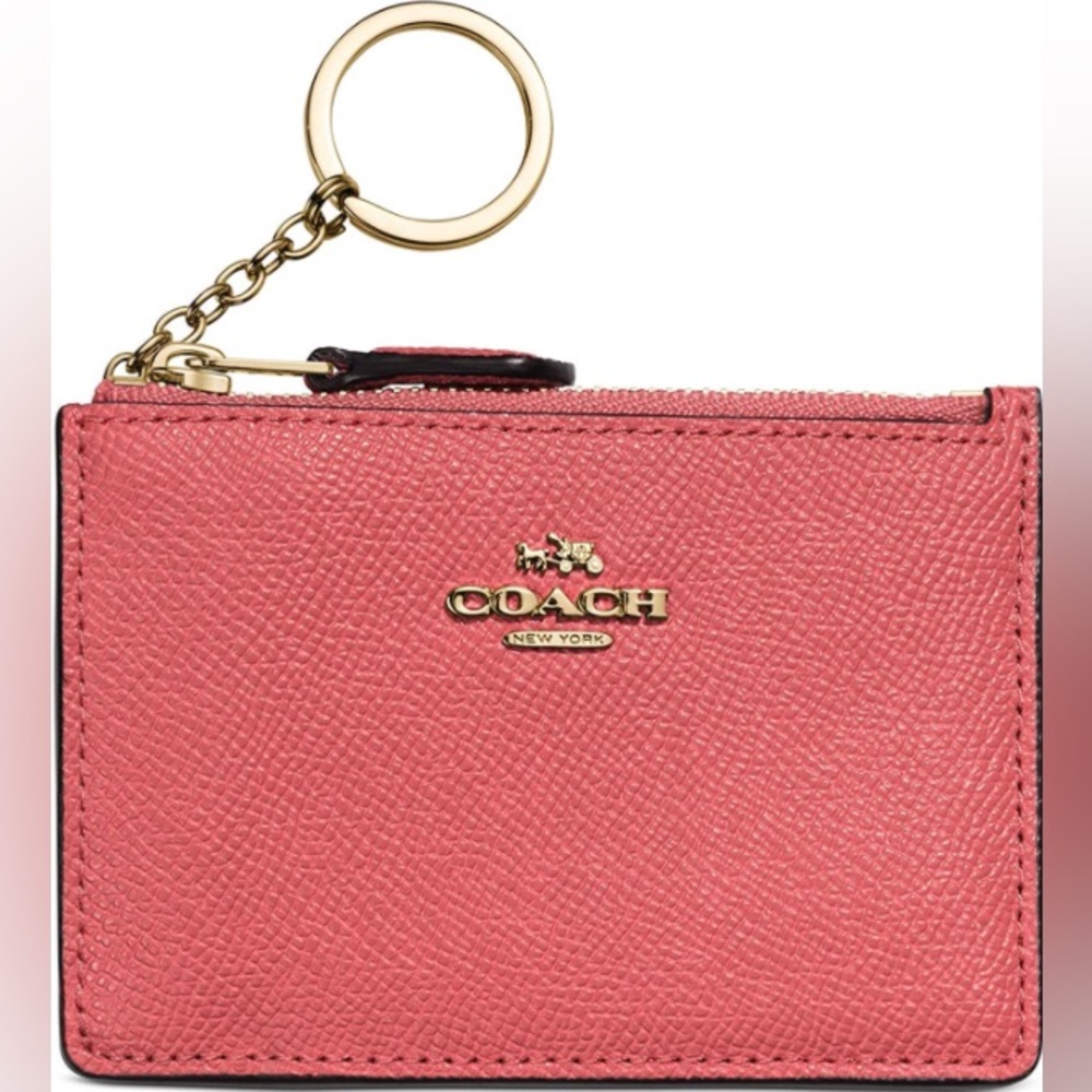 Coach Pink Mini ID Wallet Card Case Coin Purse Silver Key Ring Pebble Leather